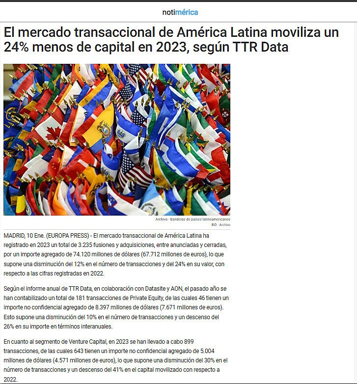El mercado transaccional de Amrica Latina moviliza un 24% menos de capital en 2023, segn TTR Data